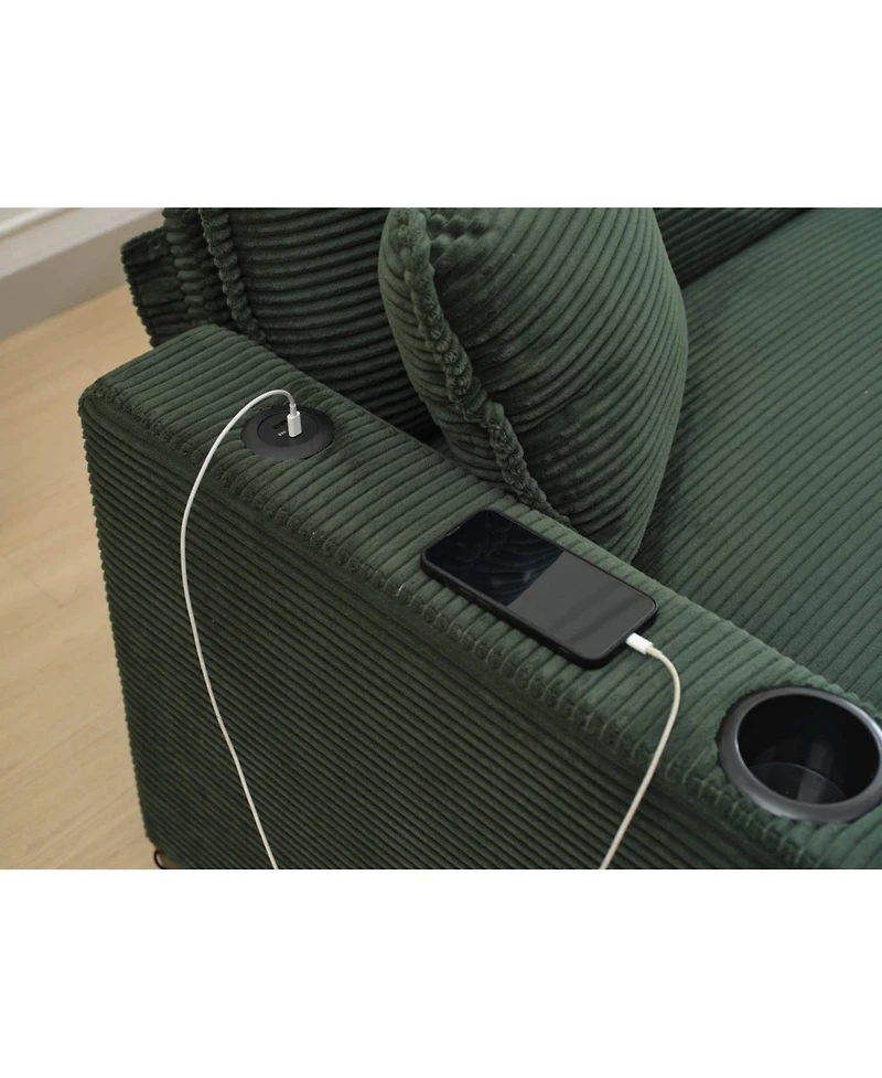 Streamdale Green Corduroy L-Shape Sofa with Usb & Footstool