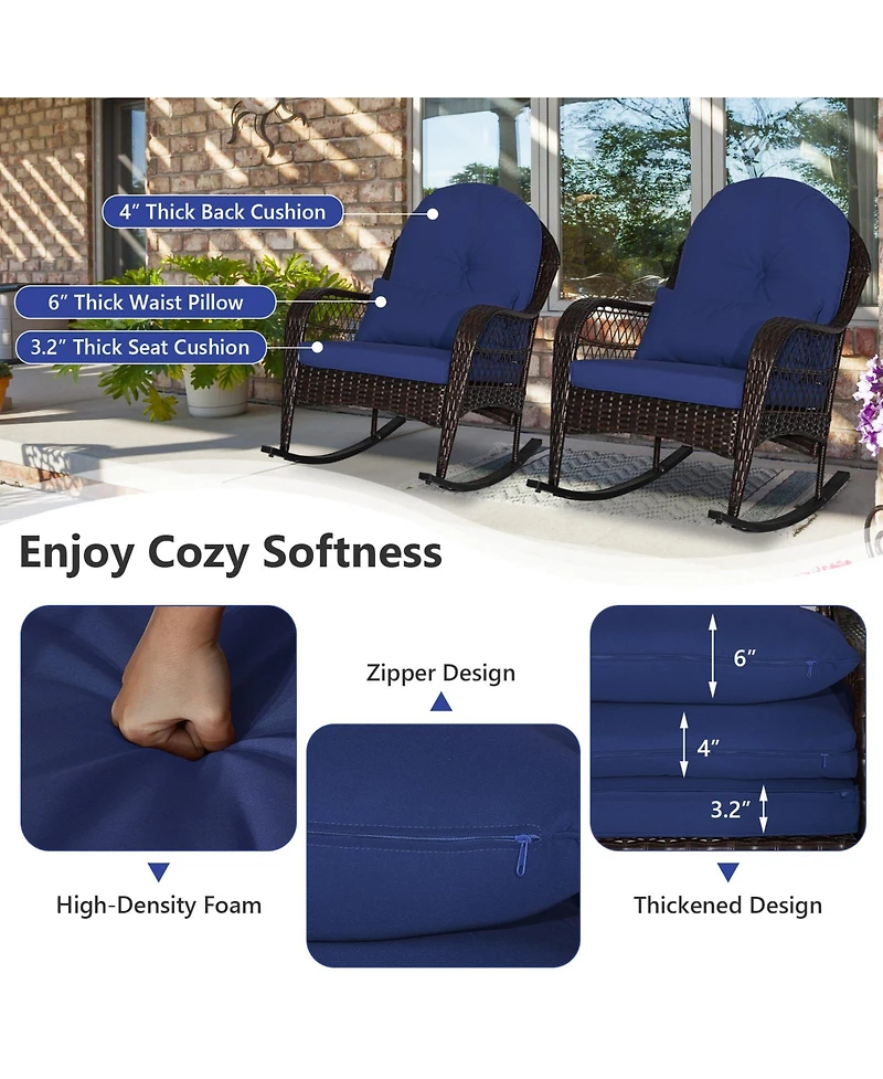 Patio Rattan Rocking Chair with Seat Back Cushions and Waist Pillow-Navy