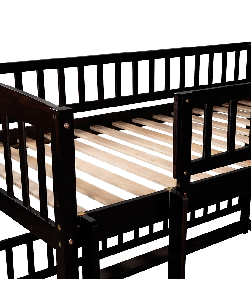 Bunk Bed With Slide, Twin Over Twin Low Bunk Bed With Fence And Ladder For Toddler Kids Teens