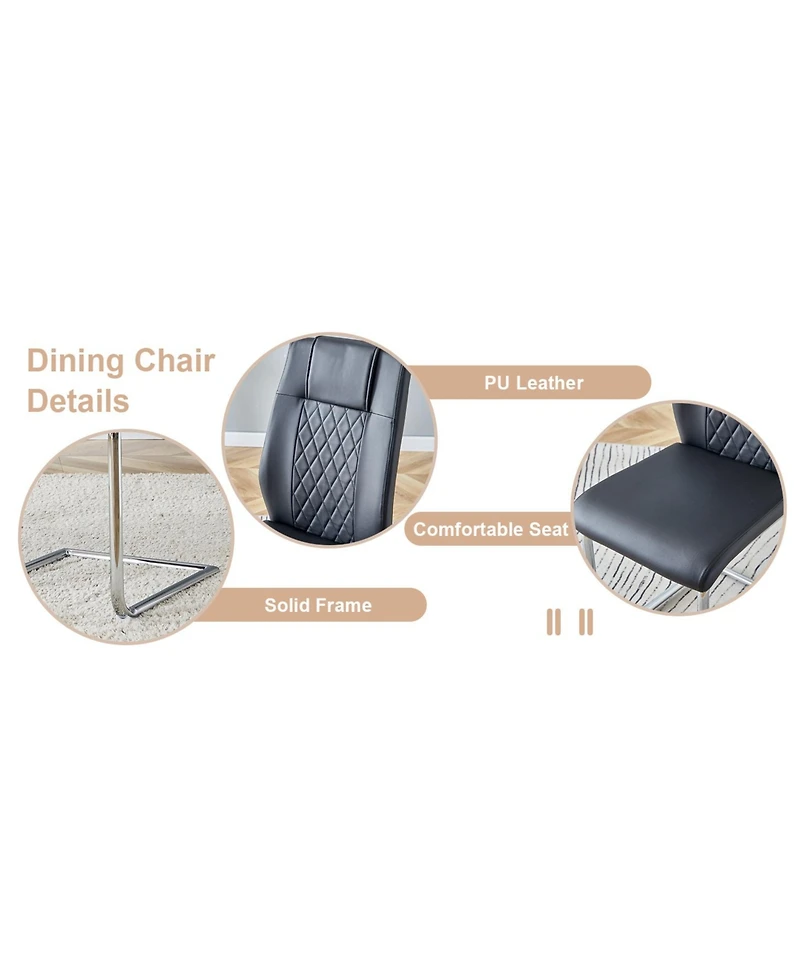 Modern Glass Dining Set: Marble Top Table & 4 Black Pu Chairs
