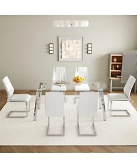 Streamdale 71" Rectangular Glass Table & 6 White Pu Chairs
