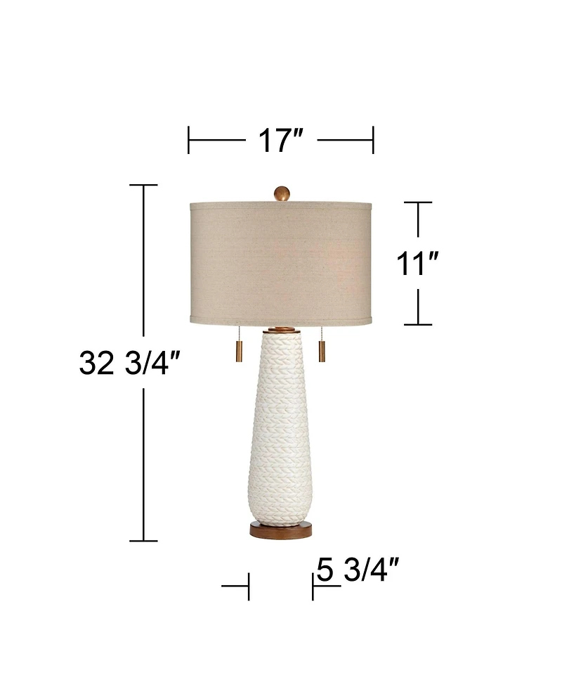 Possini Euro Design Kingston Modern Mid Century Table Lamps 32 3/4" Tall Set of 2 White Textured Ceramic Taupe Drum Shade for Bedroom Living Room