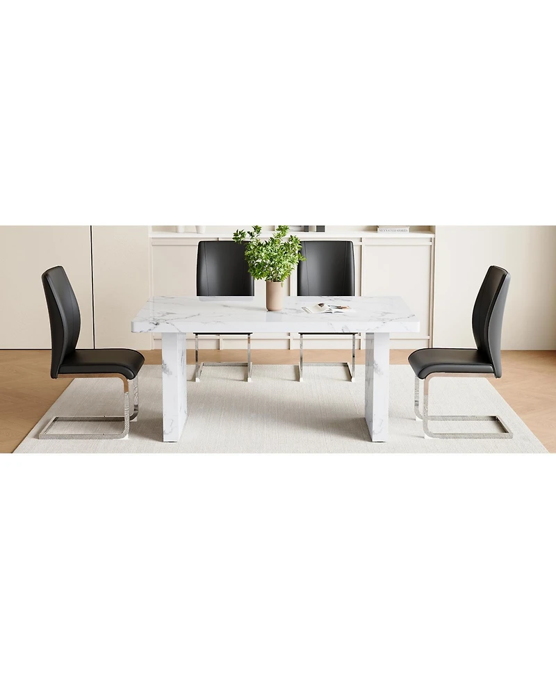 White Marble Table & 4 Black Pu Chairs - Silver Legs