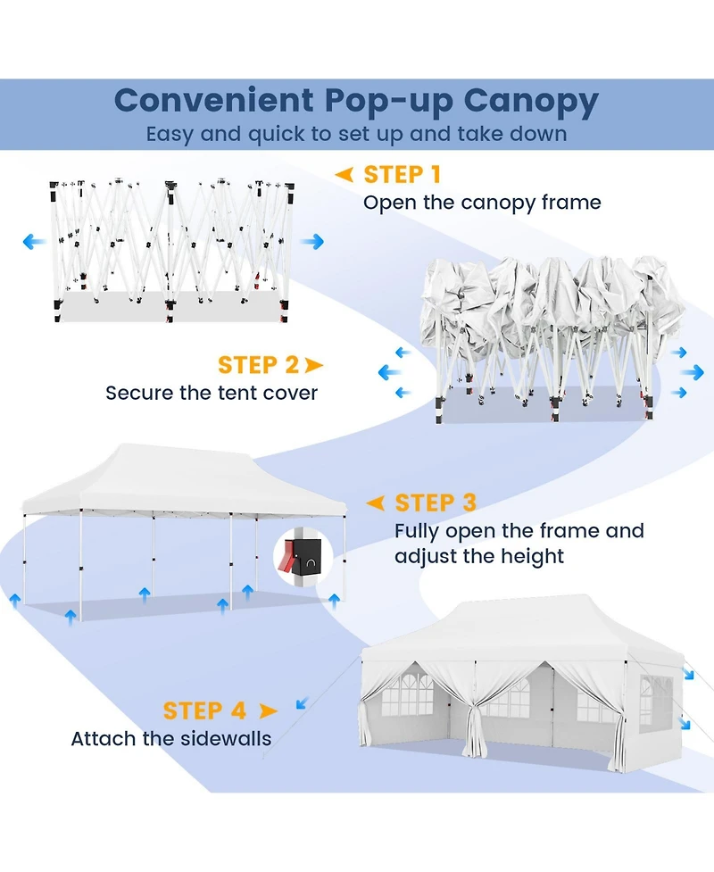 10 x 20 Ft Pop up Canopy with 6 Sidewalls and Windows and Carrying Bag for Party Wedding Picnic-White