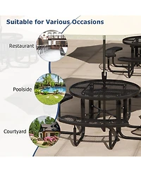 45 Inches Outdoor Round Picnic Table and Bench Set for 8 with Umbrella Hole-Black