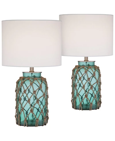 360 Lighting Nautical Accent Table Lamps 22.5" High Set of 2 Coastal Blue Green Rope Net Off White Drum Shade for Living Room Family Bedroom
