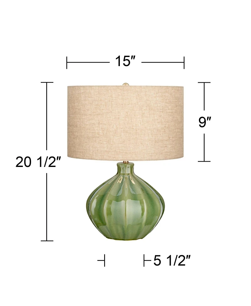 360 Lighting Gordy Modern Accent Table Lamps 20 1/2" High Set of 2 Ribbed Green Ceramic Oatmeal Fabric Drum Shade for Bedroom Living Room Nightst