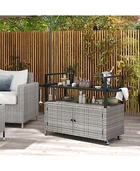 Outdoor Bar Cart Wicker Buffet Serving Cart with Cabinet and 8 Hooks-Gray
