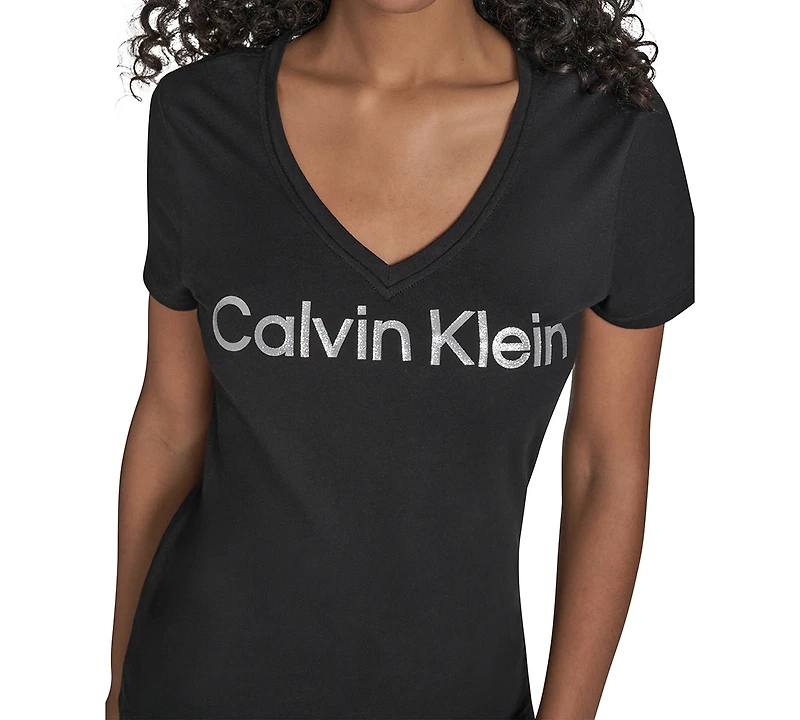 Calvin Klein Performance Women's Glitter Logo V-Neck T-Shirt