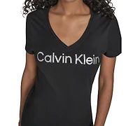 Calvin Klein Performance Women's Glitter Logo V-Neck T-Shirt