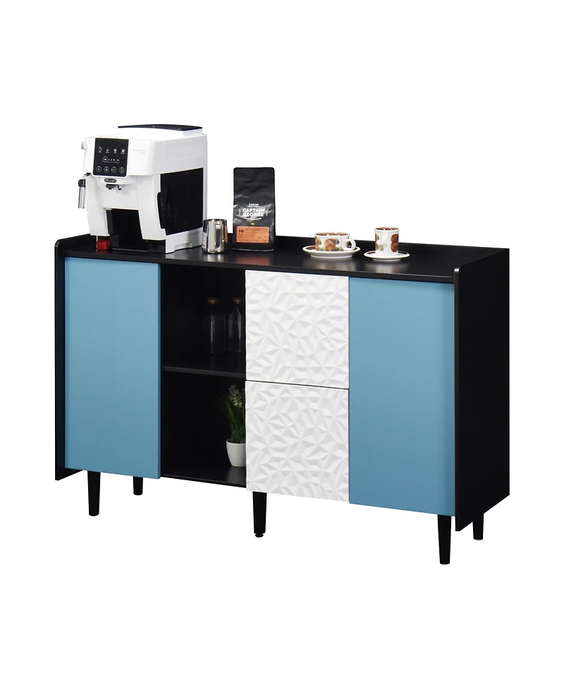 Streamdale Furniture Black Buffet Cabinet with Blue Doors, Unique Paneling