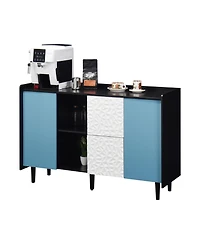 Streamdale Furniture Black Buffet Cabinet with Blue Doors, Unique Paneling
