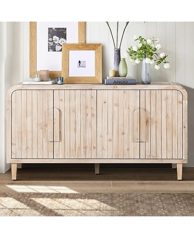 Streamdale 59" Farmhouse Sideboard, Vertical Grain Carving, Adjustable Shelves, Natural Wood