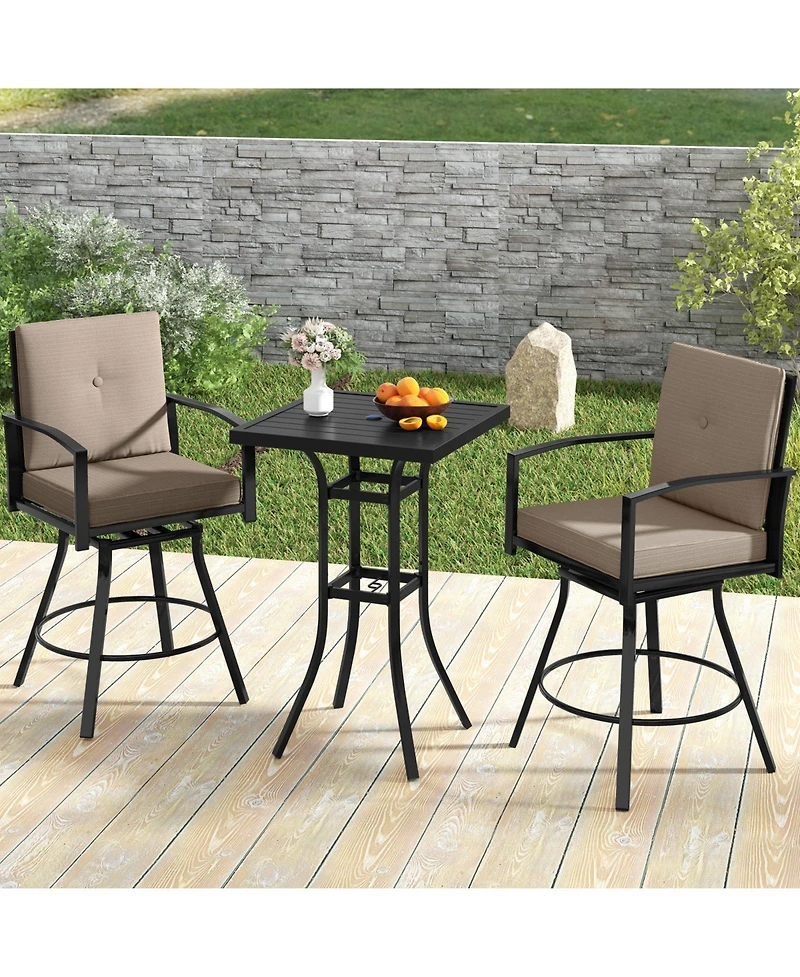 3 Pieces Patio Swivel Bar Set with Soft Cushions and Umbrella Hole