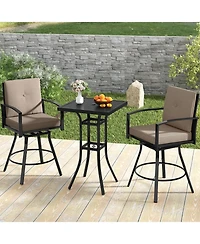 3 Pieces Patio Swivel Bar Set with Soft Cushions and Umbrella Hole