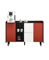 Sideboard Buffet Cabinet, Black Storage Cabinet with Red Doors, 2 Drawers with unique panel styling and 2 Open Storage Compartment, Modern Coffee Bar