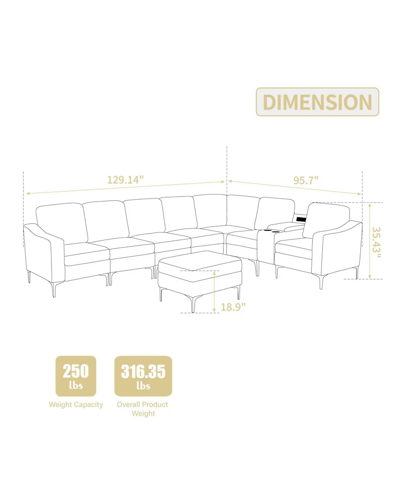 Corduroy Convertible Sectional Sofa with Ottoman, Gray