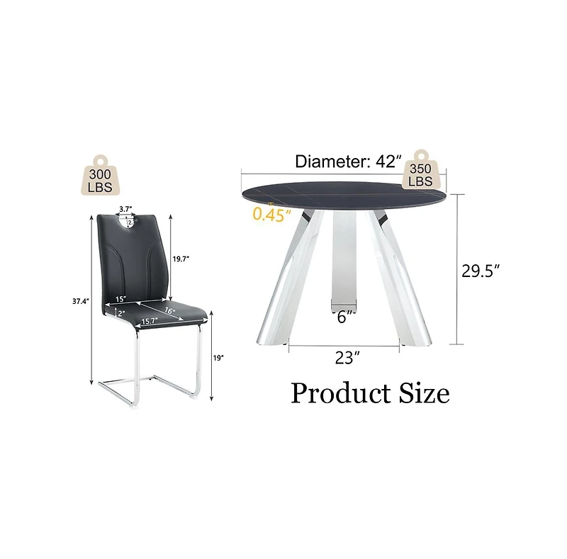 Streamdale Furniture Round Table and Black Dining Chairs Set with Silver Legs
