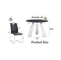 Streamdale Round Table and 4 Black Chairs with Silver Metal Legs, Sintered Stone Tabletop