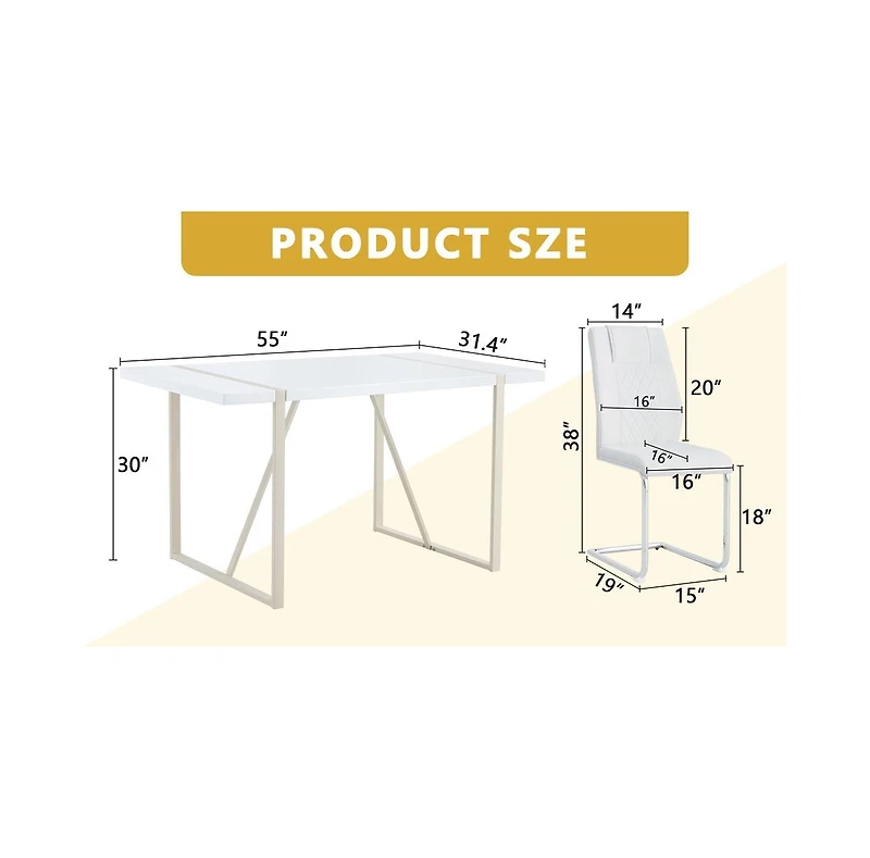 Streamdale Cream-Style Dining Table Set for 4 with Silver Metal Legs, 55"x31.4