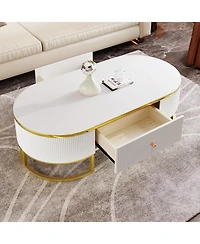 Streamdale Modern Oval Coffee Table with Drawers,Curved Profile Design, Gold Metal Decor, Center Table for Living Room in 47.2"