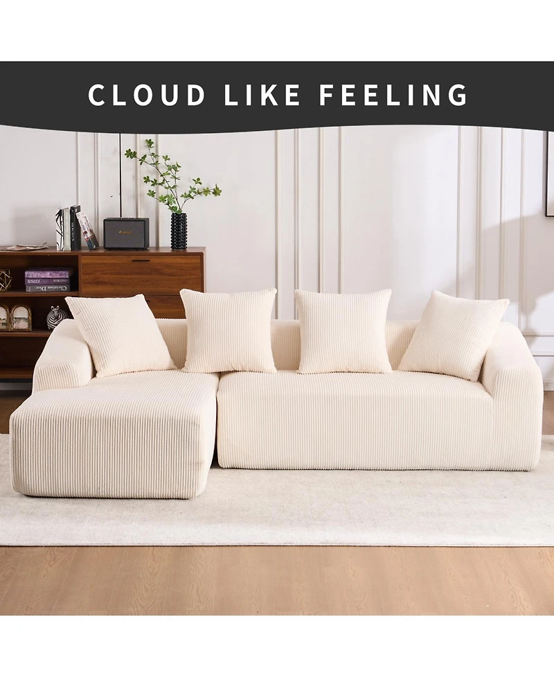 Streamdale White Corduroy Compression Sofa with Chaise & Pillows