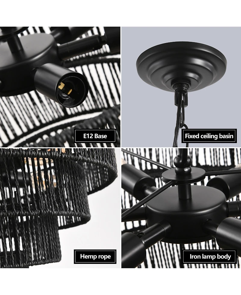 Streamdale 4-Tier Black Hemp Rope Chandelier with 6 Sockets, Ul Listed Hardwired Pendant Light