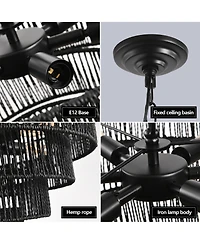 Streamdale 4-Tier Black Hemp Rope Chandelier with 6 Sockets, Ul Listed Hardwired Pendant Light
