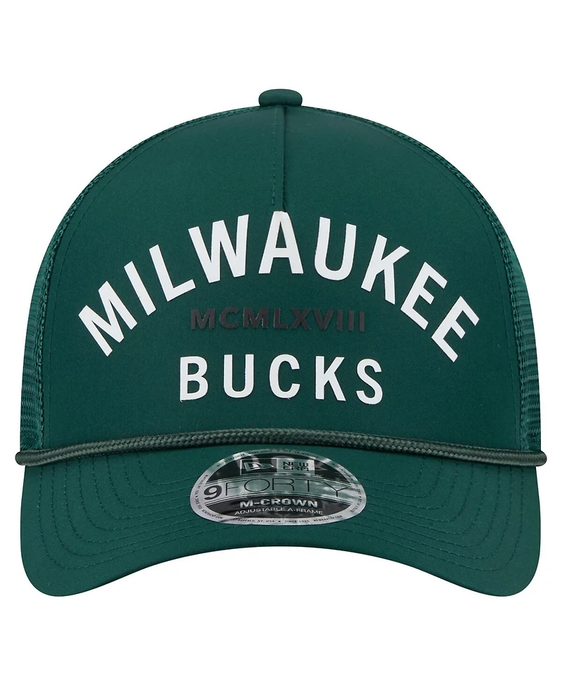 New Era Men's Hunter Green Milwaukee Bucks Minimalist A-Frame 9FORTY Trucker Hat