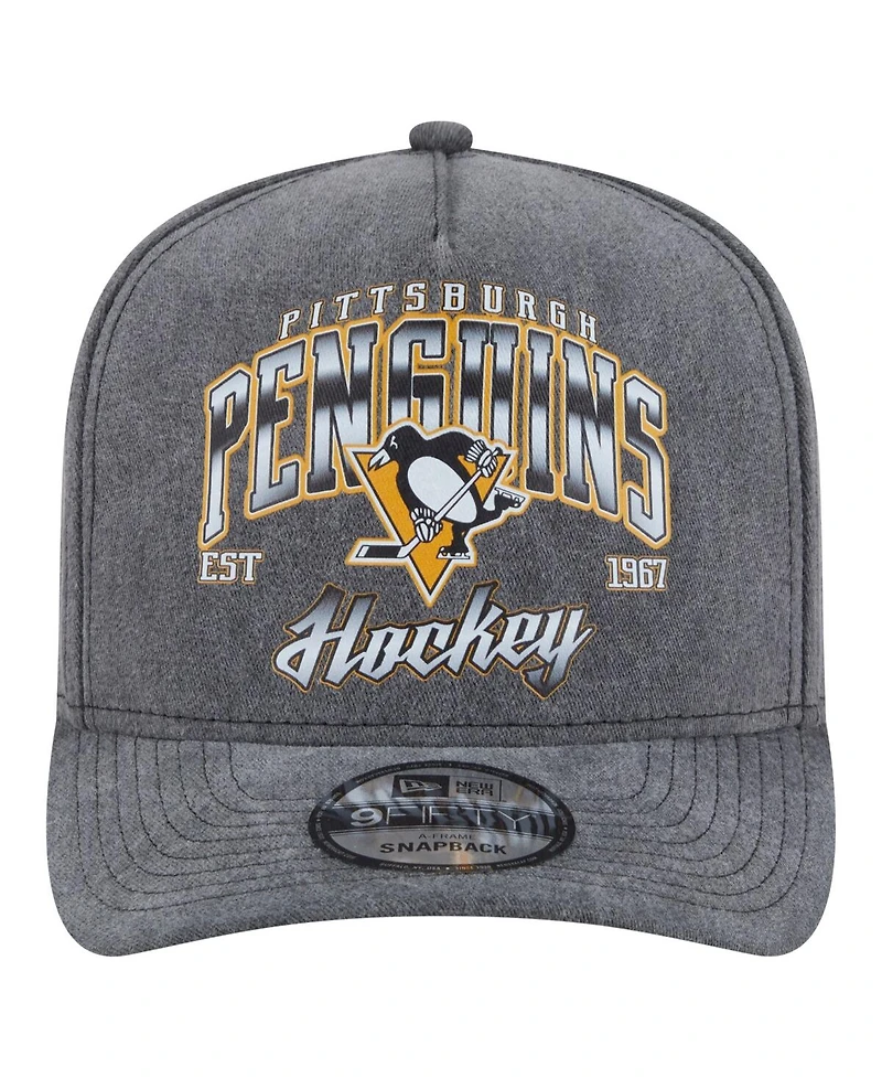 New Era Men's Charcoal Pittsburgh Penguins Throwback Washed A-Frame Pre-Curved 9FIFTY Snapback Hat
