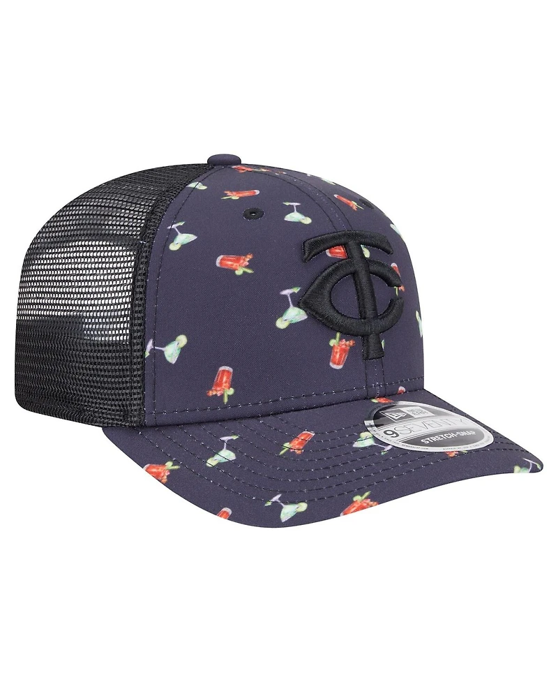 New Era Men's Black Minnesota Twins Adventure Drinks Pattern 9SEVENTY Stretch-Snap Hat