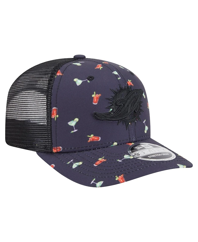 New Era Men's Navy/Black Miami Dolphins Adventure Drinks Pattern 9SEVENTY Stretch Snap Hat