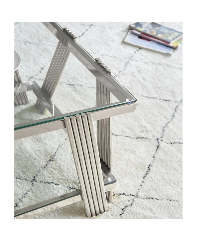 Streamdale 47" Stainless Steel Coffee Table with Glass Top and Storage