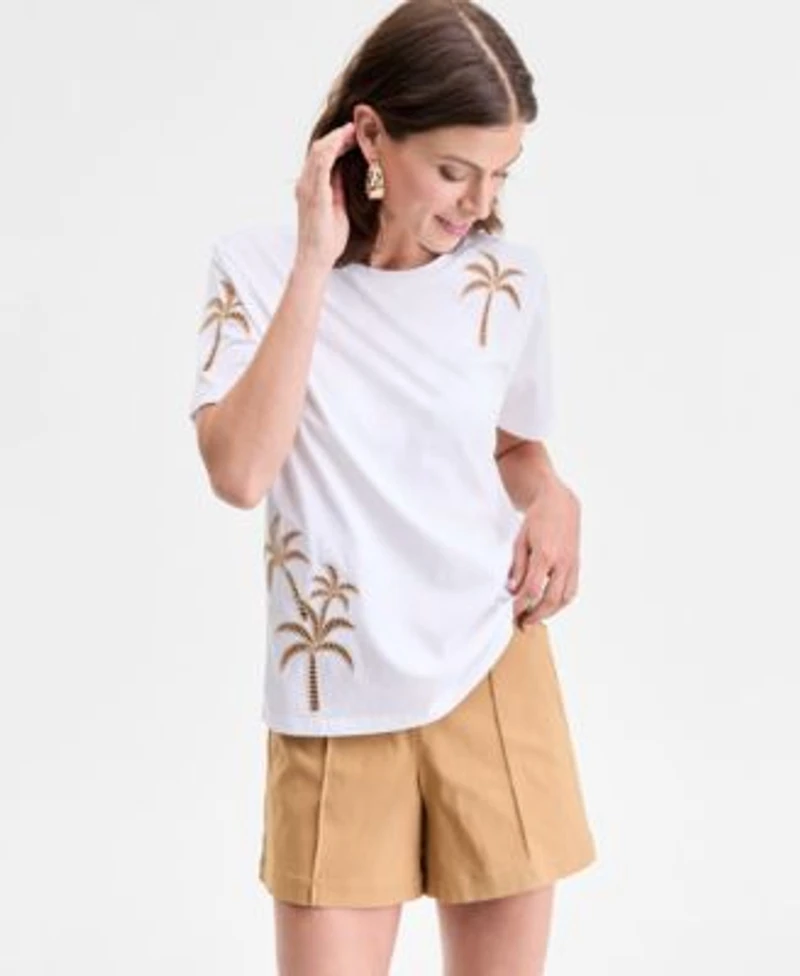 I.N.C. International Concepts Womens Palm Cotton Graphic T Shirt P Xs Xl Exclusively At Macys