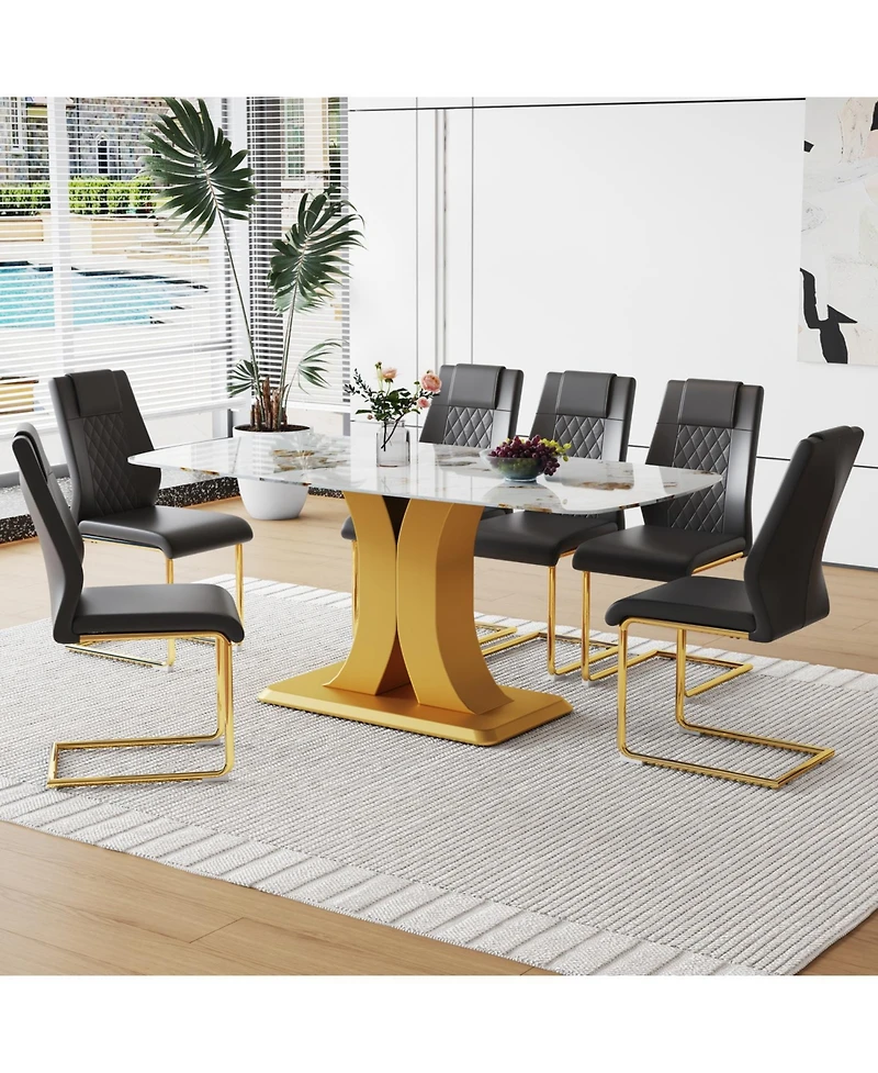 Streamdale 71" Pandora Glass Dining Set Table & 6 Black Pu Chairs