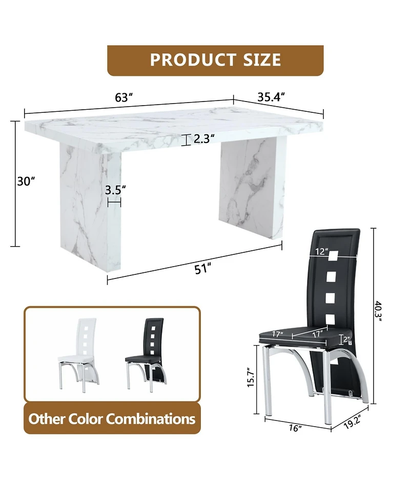 White Marble Dining Set - 4 Pu Chairs, Silver Legs