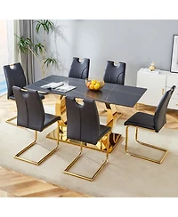 Streamdale Sintered Stone Dining Set 6 Chairs, Golden Legs, Black Texture