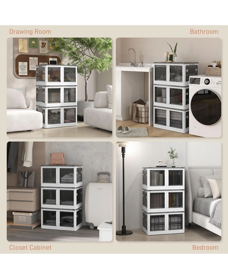 32 Gal Stackable Storage Bins with Lids, 3 Packs Collapsible Closet Organizers and Storage, Plastic Drawer Storage Container on Wheels with 5-Sided Ac