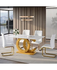 Streamdale Tempered Glass Dining Set with White Pu Dining Chairs