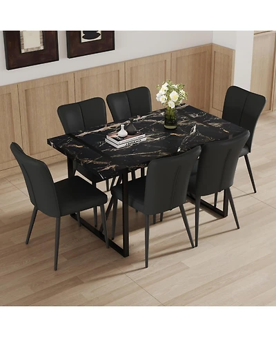 Streamdale Modern Marble Dining Set Table (55"x31.4") + 6 Black Pu Chairs