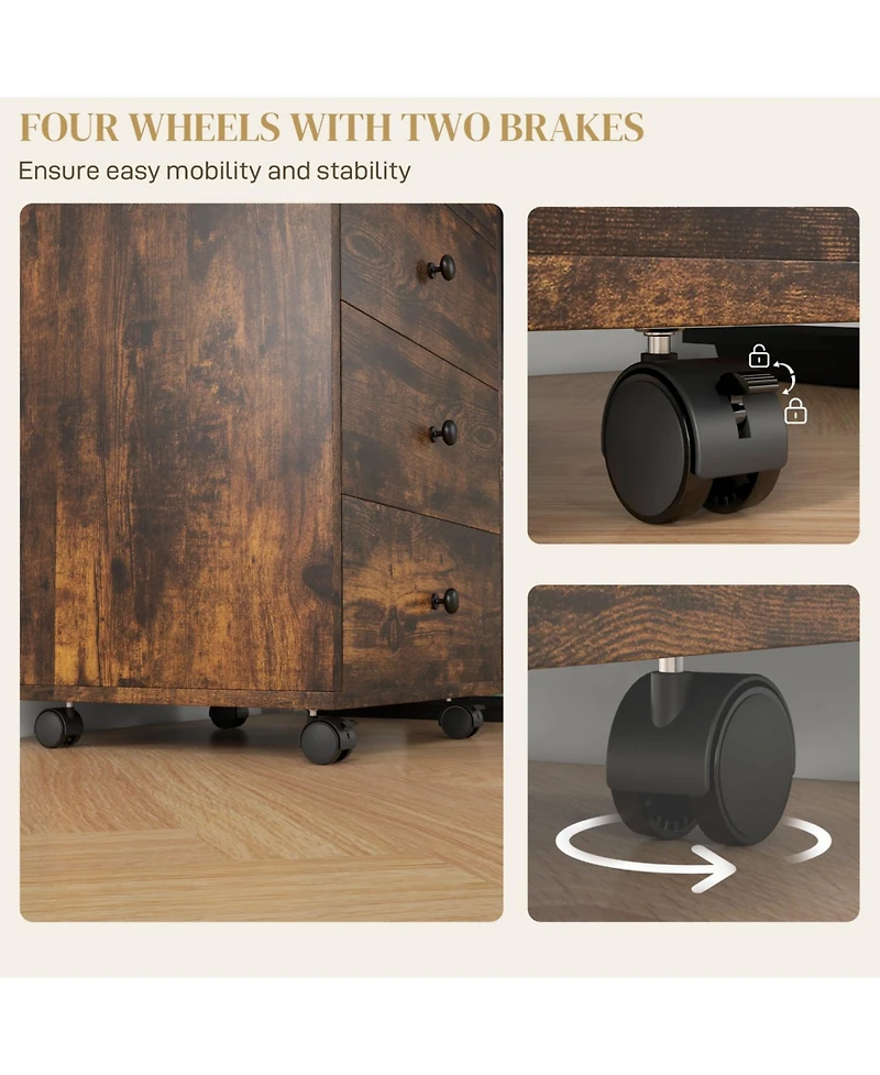 3 Drawer Home Office Storage Cabinet, Office Drawer on Wheels with Removable Tray, Under Desk Printer Stand with Storage, Rustic Brown