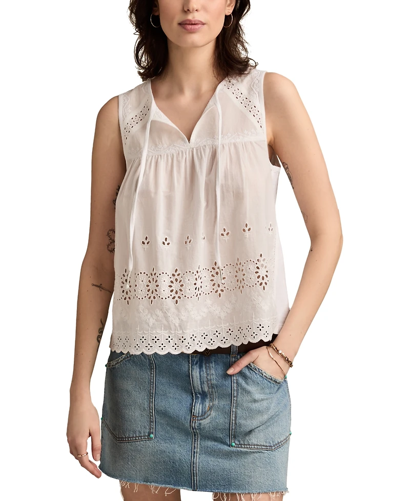 Lucky Brand Women's Embroidered Cotton Tie-Neck Top