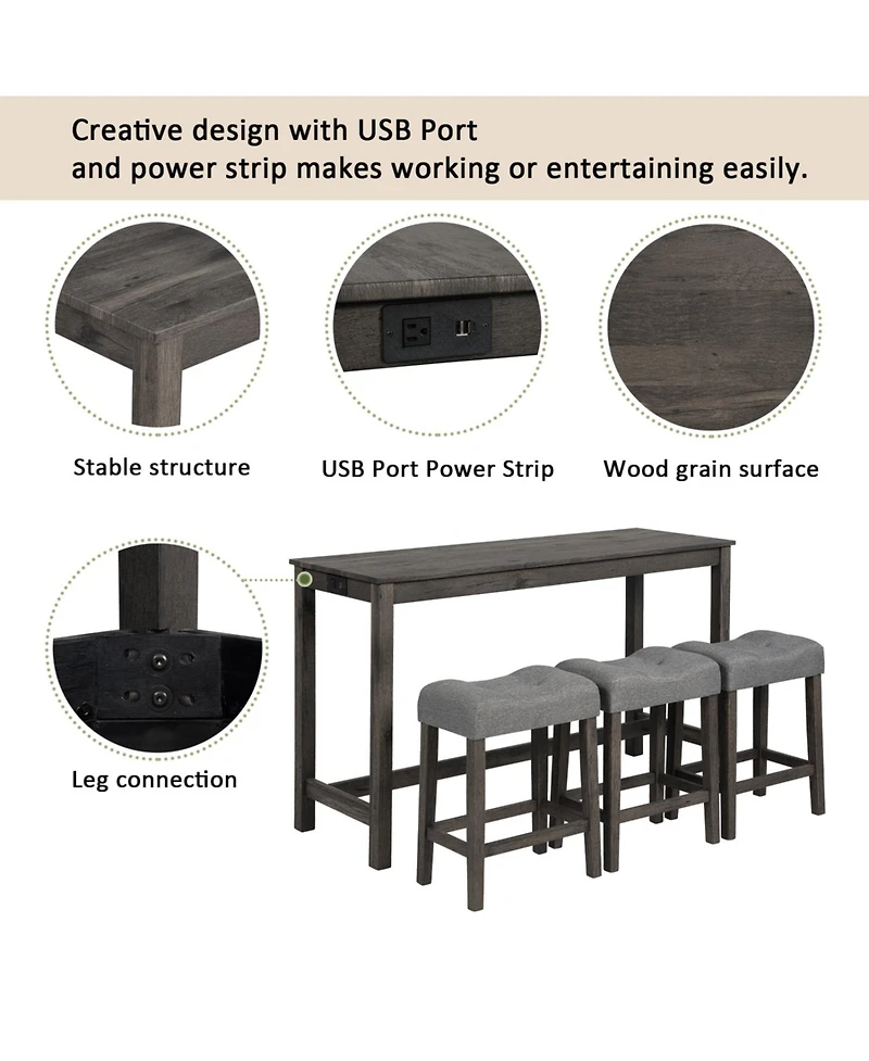 Streamdale 4-Piece Bar Table Set with Outlet and Padded Stools for Living and Dining Rooms