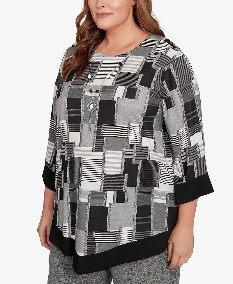 Alfred Dunner Plus Santa Barbara Patchwork Solid Black Trim Top