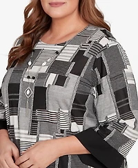 Alfred Dunner Plus Santa Barbara Patchwork Solid Black Trim Top