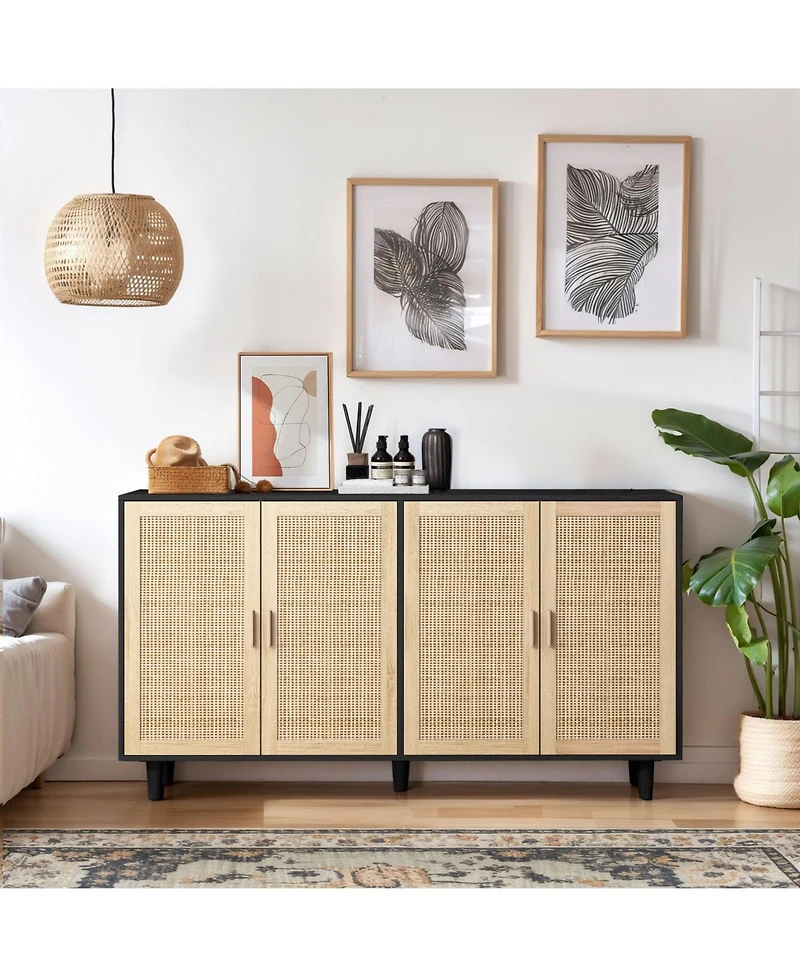 62.20" Elegant and Functional 4-Door Rattan Decorative Storage Cabinet, for Bedroom, Living Room, Office, Easy Assembly, Black(Same Sku:W757P1749