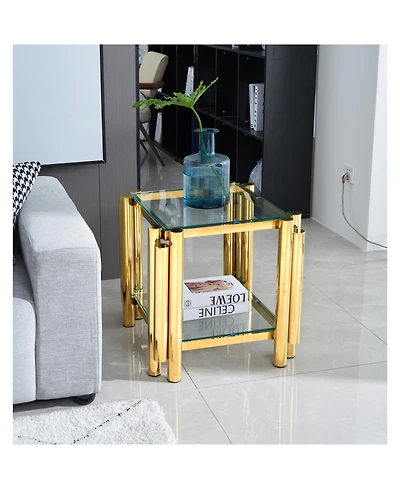 Streamdale 20" Square End Table with Glass & Stainless Steel, Gold Storage