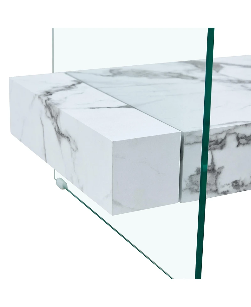 Streamdale 43" Modern Two-Tier Coffee Table Clear Glass, White Marble Texture