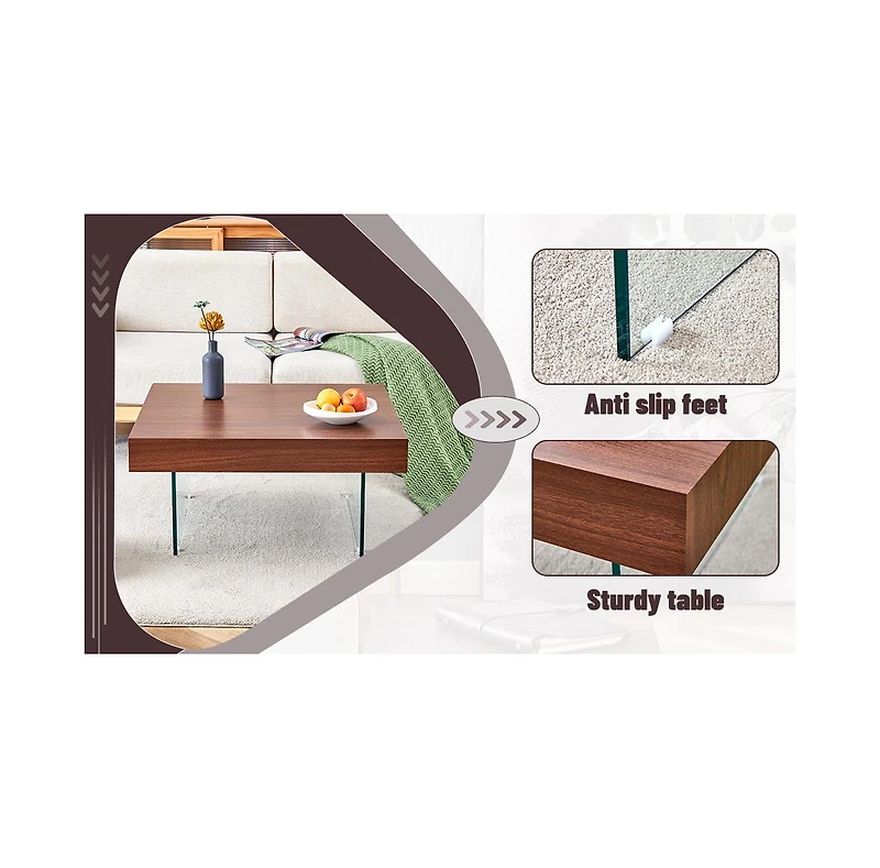 Streamdale Walnut Square Coffee Table with Tempered Glass Legs (31.5"x31.5")