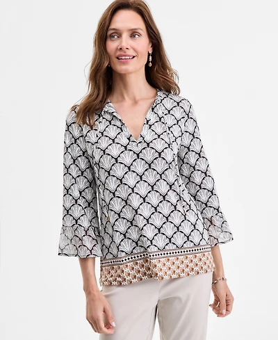 Jm Collection Petite Geometric-Print Split-Neck Top, Exclusively at Macy's